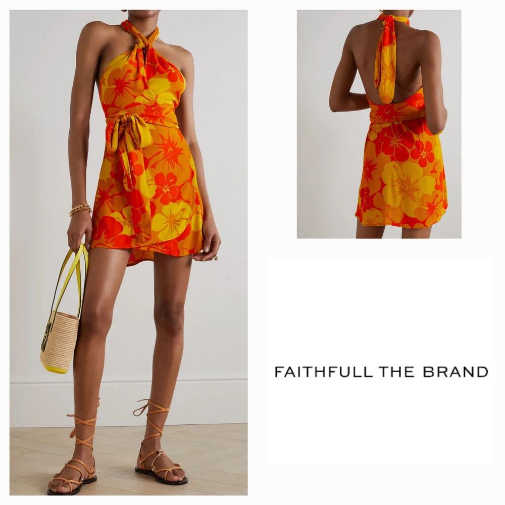 NWT Faithfull the Brand Odette Surfs Up Floral Mini Dress Sz. 6 Orange Yellow